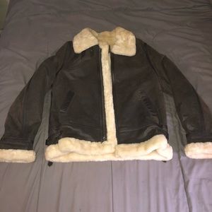 Vintage St. Johns Bay Leather Flight Aviator Bomber Sherpa Lined Jacket Size L